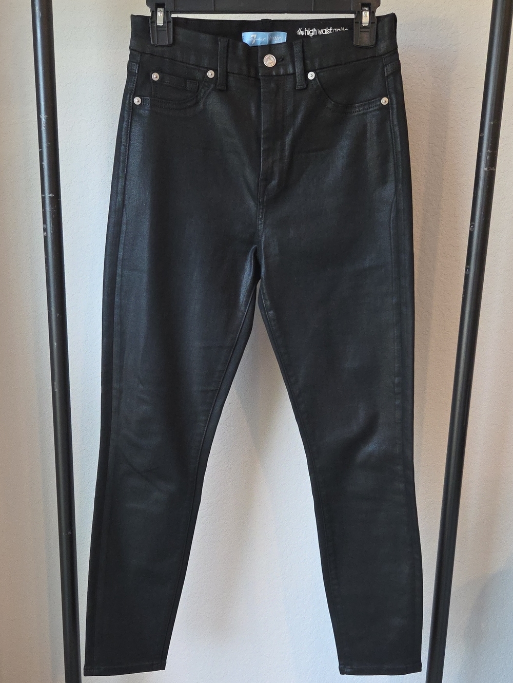 7 For All Mankind Women's Skinny Jeans in Black Denim Shiny Party Pants